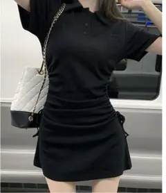 黒 ポロシャツスタイル ミニワンピース 半袖
