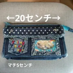 平成レトロ デニム素材 筆箱 ペンケース 星柄 犬のサムネイル