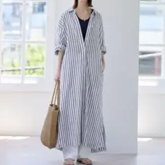 TICCA ティッカ コットンリネン ストライプ ロングシャツワンピース
