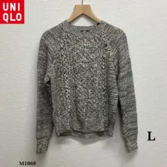 UNIQLO『ユニクロ』ミドルゲージケーブルクルーネックセーター【L】グレー系