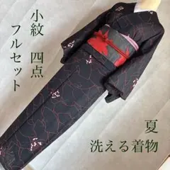 単衣　小紋　フルセット　夏着物　洗える着物　絽　紗　紅葉　黒　扇に萩　T5のサムネイル