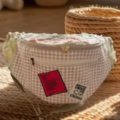 ハンドメイド ボディバッグ ギンガムチェック ピンク系 フリンジデニム生地のサムネイル