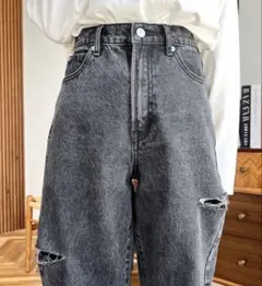 ハイウエストダメージデニムパンツ グレー