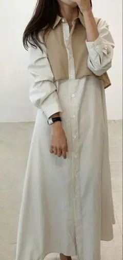 ロングシャツワンピース ホワイト・ベージュ ストライプ 重ね着風