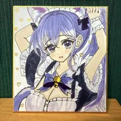 猫耳メイド ポニテ オリジナル 手描き アナログ コピック 原画 色紙 美少女