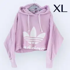 adidas クロップドパーカー ラベンダーXLトレフォイルロゴ ショート丈