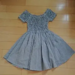 姫　ギンガムチェック　黒　オフショルダー　ミニワンピース