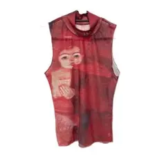 y2k 平成ギャル　人像柄カットソー　00s 赤いシャツ　ノースリーブトップス