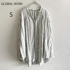 GROBAL WORK スキッパーシャツ 長袖 ストライプ ブルー S 爽やかのサムネイル