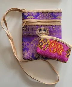 タイ　象柄ショルダーバッグとミニポーチセット　エスニック　アジアン雑貨