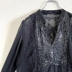 used 装飾シースルーワンピース 刺繍 ブラック スパンコール 春服 古着