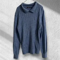 スリーベル　長袖ニット　ポロシャツ風　襟付き　ウール100% シンプル　ブルー