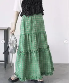 ehka sopo チェックティアードスカート グリーン