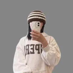 ビーニー クロシェハット ブラウン×ホワイト ハンドメイド 韓国 y2k 編み物