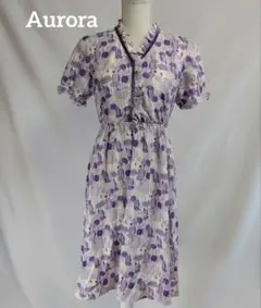 Aurora 花柄ワンピース パープル フリル パフ袖 ウエストゴム ガーリー