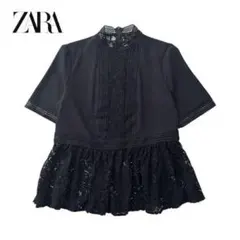 NE371ね@ ZARA レース ペプラム シャツブラウス ブラック S