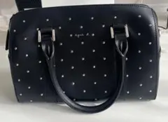 スタッズ装飾 ブラックレザーハンドバッグ