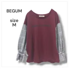 BEGUM　袖切り替えデザイン長袖Tシャツ　M　バーガンディ　洗える　綺麗　古着のサムネイル