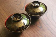時代逸品！時代黒漆に優美な熨斗煮干蒔絵の映えるお椀2点（検輪島塗
