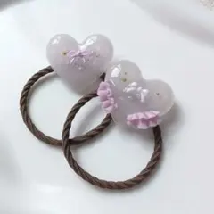 パープルフリル×リボンヘアゴム　ぷくぷくハートキッズヘアゴム　2個セット