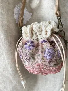 ハンドメイド バッグチャーム32インド刺繍ポーチ巾着花柄フリルカゴ
