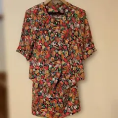 美品【ヴィンテージ】昭和レトロ　花柄　コットンセットアップ　スカートスーツ