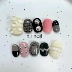 798【ベリーショート】ネイルチップ ぽこぽこネイル　マット　チェック　個性派