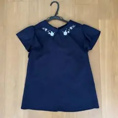 ネイビー 半袖シャツ 花柄刺繍 フリル袖