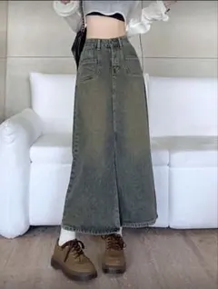 無地柄 スリット ストレートレッグ デニムスカート