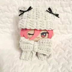 ちびぐるみ ぬい服 猫耳ニット帽 リボンセット ラメホワイト 編み物 ぬい活