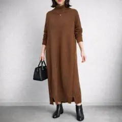 バブ［F］大人ナチュラル◎ぽわん袖◎サイドスリット◎タートルネックニットワンピ