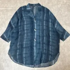 シアー ロングシャツ ブルー タイダイ 総柄 オーバーサイズ 七分袖 古着