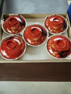 赤い漆器の蓋付き椀 5個セット　未使用品