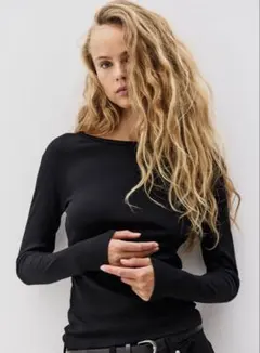 H&M コットンリブトップス　2枚セット ブラック　ダークブラウン　S