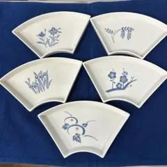 お値下げします。 橘吉　扇面皿、青い花柄銘々皿5枚セット　昭和レトロ風