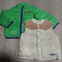 ♦【90】黃緑のダウンジャケットとベージュのベスト❄2枚共にダウン＆フェザー入り