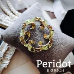 天然石 ペリドット フラワー サークル ブローチ アラベスク モザイクストーン