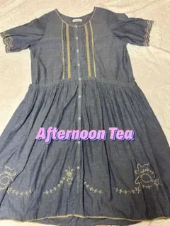 美品 アフタヌーンティー 半袖 ワンピース 刺繍 デニム  大人可愛い ロング丈
