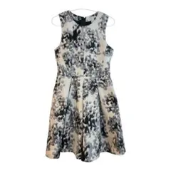 エイチアンドエム 柄 膝丈 ノースリーブ Aラインワンピース【M】白黒銀 結婚式