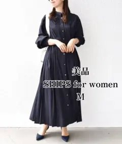 美品　SHIPS for women　バンドカラーサイドプリーツワンピース　Mのサムネイル