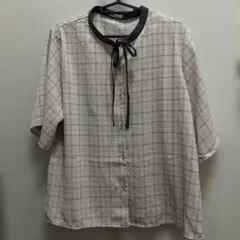 GLACIER チェック柄 半袖ブラウス ボウタイ Lサイズ