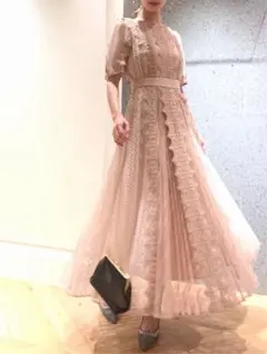 レースプリーツフレアワンピース　フレイアイディー　リリーブラウン