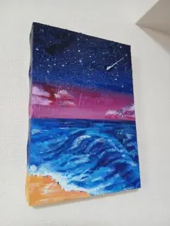 流れ星と海の夜景　アクリル画 原画 キャンバスアート