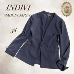 INDIVI ／ネイビー ノーカラージャケット 38