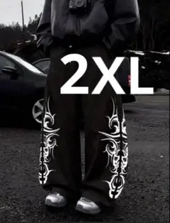 冬用 裏起毛 トライバル柄 ワイドパンツ ブラックメンズ レディース　2XL