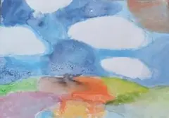水彩風景画 青空と雲