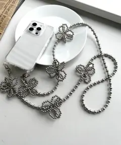 シルバー 花モチーフ スマホショルダーストラップ