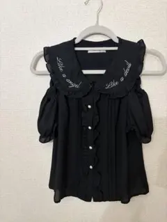 Ank Rougeフリル付き黒半袖ブラウス