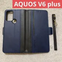 AQUOS V6 plus ケース アクオス 手帳型 ネイビーブルー ストラップのサムネイル