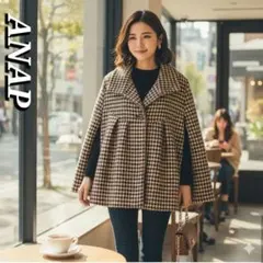 ​●ANAP 千鳥格子 ケープ風ショートコート ポンチョ Aライン レトロ F